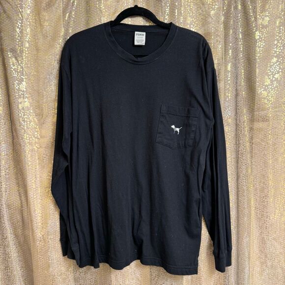 PINK Victorias Secret Black Silver Dog Sequin Bling Campus Top Large - Picture 1 of 6